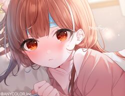 Rule 34 | 1girl, animal ear fluff, animal ears, blurry, blurry background, blush, breasts, brown eyes, brown hair, brown shirt, cleavage, closed mouth, collarbone, commentary request, depth of field, ear piercing, looking at viewer, mafuyu (chibi21), medium breasts, nijisanji, off shoulder, official art, piercing, ratna petit, shirt, signature, solo, tears, virtual youtuber, window