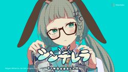 Rule 34 | 1girl, animal ears, aqua background, aqua eyes, aqua neckwear, artist request, ascot, black-framed eyewear, blue ascot, blush, braid, brooch, cinderella (vocaloid), ear down, glasses, green hair, highres, holding, holding shoes, jewelry, long sleeves, looking at viewer, lucene (polygon project), official art, polygon project, rabbit ears, shoes, simple background, solo, song name, star brooch, virtual youtuber, vocaloid, wing collar