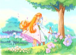Rule 34 | 1boy, 1girl, blonde hair, cello (marl kingdom), dress, flower, forest, hetero, kiss, little princess, long hair, lowres, marl kingdom, nature, nippon ichi, princess kururu, ryoji (nomura ryouji), sword, weapon