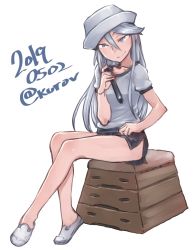 Rule 34 | 1girl, abaratani kurou, black shorts, blue eyes, closed mouth, commentary, dated, dixie cup hat, flint (girls und panzer), full body, girls und panzer, gym shirt, gym shorts, hand on own hip, hat, head tilt, highres, holding, holding microphone, legs, long hair, looking at viewer, microphone, military hat, no legwear, one-hour drawing challenge, shirt, shoes, short shorts, shorts, side slit, silver hair, simple background, sitting, smile, smirk, sneakers, solo, t-shirt, twitter username, vaulting horse, white background, white footwear, white hat, white shirt