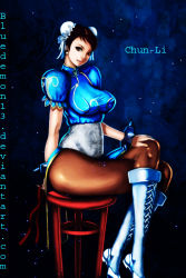 Rule 34 | 1girl, bluedemon13, boots, bun cover, capcom, china dress, chinese clothes, chun-li, double bun, dress, pantyhose, sash, self-upload, sitting, solo, street fighter, thighs