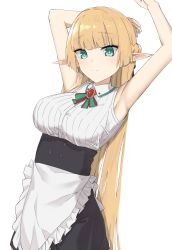 Rule 34 | 1girl, armpits, arms up, black dress, blonde hair, blunt bangs, blush, braid, breasts, brooch, closed mouth, dress, elf, elfenlied22, french braid, green eyes, highres, jewelry, large breasts, long hair, looking at viewer, maid headdress, original, pointy ears, puffy short sleeves, puffy sleeves, short sleeves, sidelocks, simple background, standing, tira (elfenlied22), white background, wrist cuffs