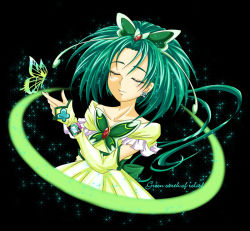 Rule 34 | 00s, 1girl, akimoto komachi, bare shoulders, bow, bug, butterfly, cure mint, dress, earrings, closed eyes, female focus, gloves, green hair, bug, jewelry, magical girl, maryu, precure, ribbon, short hair, smile, solo, sparkle, yes! precure 5
