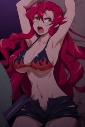 Rule 34 | 00s, 1girl, aged up, alternate hairstyle, angry, armpits, arms up, bikini, bikini top only, breasts, curvy, hairu, imminent rape, large breasts, long hair, open fly, open mouth, red hair, short shorts, shorts, solo, solo focus, swimsuit, tengen toppa gurren lagann, torn bikini, torn clothes, underboob, unzipped, yellow eyes, yoko littner