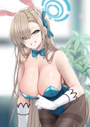 Rule 34 | 1girl, absurdres, akahito, animal ears, asuna (blue archive), asuna (bunny) (blue archive), bare shoulders, blue archive, blue bow, blue bowtie, blue eyes, blue leotard, blue ribbon, blurry, blurry background, bow, bowtie, breasts, brown pantyhose, cleavage, collar, cowboy shot, detached collar, elbow gloves, fake animal ears, fake tail, gloves, grin, hair over one eye, hair ribbon, halo, highleg, highleg leotard, highres, large breasts, leaning forward, leotard, leotard tug, light brown hair, long hair, looking at viewer, mole, mole on breast, pantyhose, playboy bunny, rabbit ears, rabbit tail, ribbon, sidelocks, smile, solo, strapless, strapless leotard, tail, thighband pantyhose, thighs, white collar, white gloves