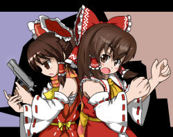Rule 34 | 2girls, ascot, benikurage (cookie), blush, bow, brown eyes, brown hair, clenched hand, collared shirt, commentary request, cookie (touhou), cowboy shot, detached sleeves, dress, frilled bow, frilled hair tubes, frilled shirt collar, frills, gun, hair bow, hair tubes, hakurei reimu, handgun, holding, holding gun, holding weapon, kanna (cookie), knb (nicoseiga53198051), letterboxed, long hair, looking at viewer, multiple girls, non porn, open mouth, profile, red bow, red dress, red shirt, ribbon-trimmed sleeves, ribbon trim, sarashi, shirt, short hair, sidelocks, sleeveless, sleeveless dress, sleeveless shirt, touhou, weapon, white sleeves, wide sleeves, yellow ascot