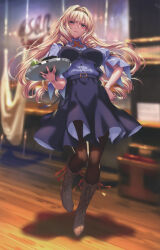 Rule 34 | 1girl, absurdres, blonde hair, blue eyes, blurry, blurry background, blush, boots, breasts, closed mouth, cross-laced footwear, full body, hair ornament, hairband, hand on own hip, hanikami kanojo, highres, holding, holding tray, indoors, lace-up boots, lips, long hair, looking at viewer, medium breasts, pantyhose, piromizu, puffy sleeves, scan, shadow, short sleeves, shoudou erena, simple background, skirt, solo, tray