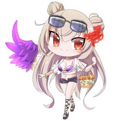 Rule 34 | 1girl, bag, bikini, bikini under clothes, black-framed eyewear, black footwear, black shorts, breasts, bug, butterfly, character request, chibi, choker, cleavage, clitoris tied, closed mouth, commentary request, crop top, detached wings, double bun, eyewear on head, feathered wings, full body, glasses, hair bun, handbag, holding, holding bag, hop step jumpers, insect, large breasts, lets0020, light brown hair, long hair, looking at viewer, medium bangs, midriff, navel, open fly, purple bikini, purple wings, red eyes, shirt, short shorts, shorts, simple background, single wing, smile, solo, swimsuit, transparent background, v-shaped eyebrows, very long hair, wedge heels, white butterfly, white choker, white shirt, wings, wristband