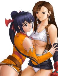Rule 34 | 00s, 1990s (style), 2girls, ass, belt, blue hair, breasts, brown eyes, brown hair, camisole, clothes lift, covered erect nipples, detached sleeves, earrings, elbow gloves, final fantasy, final fantasy unlimited, final fantasy vii, fumizuki misoka, gloves, hair ribbon, jewelry, large breasts, lisa pacifist, long hair, materia, midriff, miniskirt, multiple girls, no bra, no panties, panties, pencil skirt, ponytail, retro artstyle, ribbon, skirt, skirt lift, square enix, suspender skirt, suspenders, tifa lockhart, underboob, underwear, upskirt, white panties, yuri
