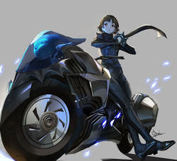 Rule 34 | 1girl, artist name, black bodysuit, bodysuit, brass knuckles, brown hair, closed mouth, full body, gloves, glowing, grey background, looking away, looking to the side, niijima makoto, persona, persona 5, qosic, red eyes, serious, short hair, shoulder spikes, signature, simple background, sitting, solo, spikes, v-shaped eyebrows, weapon, white gloves