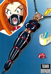 Rule 34 | 1girl, angry, animal ears, bdsm, beho-chan, belt, blue eyes, blush, bondage, bound, bowl, breasts, cat ears, chain, collar, fake animal ears, female focus, gag, gagged, ghost sweeper mikami, gimpsuit, green eyes, hood, large breasts, latex, latex suit, orange hair, pet bowl, pet play, ring gag, saliva, solo, strap, sweat