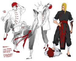 Rule 34 | 2boys, alternate hairstyle, black pants, bleeding, blonde hair, blood, blood on arm, blood on clothes, blood on ground, body writing, changpao, chinese clothes, clenched hands, deidara (naruto), facial mark, fighting stance, flying, foot on head, forehead mark, gaara (naruto), hair over one eye, highres, in the face, injury, kicking, kung fu, long hair, long sleeves, low-tied long hair, lying, male focus, multiple boys, naruto (series), naruto shippuuden, on stomach, one eye covered, pants, partially colored, pelvic curtain, red hair, saliva, sash, shirt, short hair, simple background, sleeves rolled up, split, standing, standing on one leg, standing split, stepped on, tangzhuang, umkaqryi, white background, white shirt
