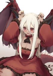 Rule 34 | 1girl, absurdres, ascot, bare shoulders, black ascot, black claws, black horns, black nails, blush, breasts, cleavage, detached sleeves, dragon girl, dragon horns, dragon tail, dragon wings, dress, frills, highres, horns, lace trim, long hair, medium breasts, open mouth, original, red dress, red eyes, red scales, red wings, sapota clone, sharp teeth, simple background, sitting, solo, tail, teeth, white background, wings