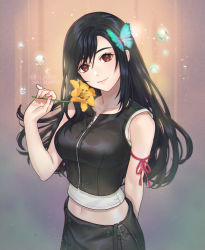 Rule 34 | 1girl, arm behind back, arm ribbon, black hair, black tank top, breasts, bubble, bug, butterfly, closed mouth, commentary request, crop top, final fantasy, final fantasy vii, final fantasy vii advent children, flower, green butterfly, holding, holding flower, insect, large breasts, lips, long hair, looking at viewer, midriff, navel, ohse, orange flower, red eyes, red ribbon, ribbon, smile, solo, tank top, tifa lockhart, zipper, zipper pull tab