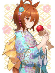 Rule 34 | 1girl, agnes tachyon (umamusume), ahoge, alternate costume, animal ears, brown hair, closed mouth, floral print, hair between eyes, hair ornament, hands up, holding, holding toy, horse ears, horse girl, horse tail, japanese clothes, kendama, kimono, long sleeves, red eyes, riko (ri cotta c), short hair, smile, solo, tail, toy, umamusume, upper body