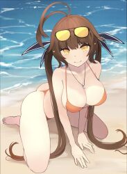 1girl alternate_costume antenna_hair ass b6_(b6_n2) beach bikini breasts brown_hair cleavage closed_mouth eyewear_on_head full_body girls&#039;_frontline highres jewelry kneeling long_hair looking_at_viewer m14_(girls&#039;_frontline) necklace orange_bikini ring ring_necklace sand smile solo string_bikini sunglasses swimsuit twintails water yellow_eyes