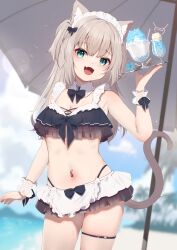 1girl :d absurdres animal_ears aqua_eyes beach bikini black_bikini blue_sky blurry blurry_background breasts cat_ears cat_tail cleavage cloud commentary_request day fang frilled_bikini frills highres hinata_(user_rjkt4745) holding looking_at_viewer maid maid_headdress medium_breasts navel_piercing open_mouth original outdoors parasol piercing skin_fang sky smile solo standing swimsuit tail thigh_strap umbrella wrist_cuffs