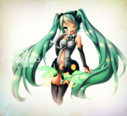 Rule 34 | 1girl, arthur ko, bad id, bad pixiv id, bare shoulders, between breasts, breasts, center opening, colorized, covered erect nipples, green eyes, green hair, hatsune miku, hatsune miku (append), highres, inaresi, long hair, looking at viewer, matching hair/eyes, medium breasts, necktie, one eye closed, open mouth, smile, solo, twintails, very long hair, vocaloid, vocaloid append, wink