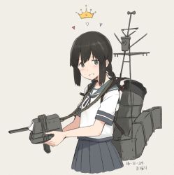 Rule 34 | 10s, 1girl, arrow (symbol), artist name, black hair, braid, crown, dated, from side, grey background, grey eyes, holding, holding weapon, isonami (kancolle), kantai collection, kawashina (momen silicon), long hair, looking at viewer, machinery, no legs, pleated skirt, school uniform, serafuku, short sleeves, sidelocks, simple background, skirt, smile, solo, teeth, turret, twin braids, weapon