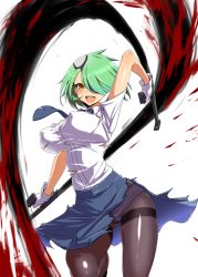 Rule 34 | 1girl, black pantyhose, bladed tonfa, blood, blush, breasts, clearite, covered erect nipples, crotch seam, dual wielding, eyepatch, gloves, green hair, hair ornament, hair over one eye, highres, holding, impossible clothes, impossible shirt, large breasts, looking at viewer, necktie, open mouth, otonashi kiruko, panties, panties under pantyhose, pantyhose, police, police uniform, policewoman, ringed eyes, shinmai fukei kiruko-san, shirt, short hair, simple background, skirt, smile, solo, thighband pantyhose, tonfa, torn clothes, underwear, uniform, weapon, white background, yellow eyes