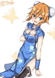 Rule 34 | 1girl, bad id, bad pixiv id, blue eyes, bug, butterfly, china dress, chinese clothes, double bun, dress, bug, looking at viewer, orange hair, p.k.f, philia (sao), signature, simple background, smile, solo, sword art online