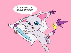 Rule 34 | blue eyes, cat, consuelo95, digimon, jewelry, non-web source, pillow, pink background, ring, scar, tail, tail ornament, tail ring, tailmon
