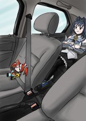 Rule 34 | 2girls, absurdres, car, chair, crossed arms, hakos baelz, highres, holocouncil, hololive, hololive english, motor vehicle, multiple girls, ouro kronii, parody, pout, red hair, size difference, virtual youtuber