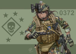 Rule 34 | 1girl, ammunition pouch, assault rifle, brown hair, buckle, camouflage, combat helmet, commentary, cowboy shot, dark-skinned female, dark skin, dated, flashlight, gloves, gun, handgun, headset, helmet, holographic weapon sight, holster, jpc, load bearing vest, m4 carbine, military, military uniform, original, pistol, pouch, reflector sight, rifle, sharp teeth, sight (weapon), sleeves rolled up, snap-fit buckle, solo, tactical light, teeth, uniform, weapon