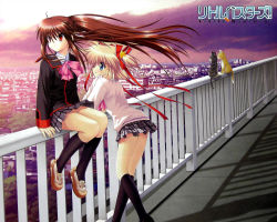 Rule 34 | 2girls, ahoge, arm support, artist request, black socks, blonde hair, blue eyes, bow, bowtie, brown hair, cat, city, cityscape, cloud, hair ornament, hair ribbon, head rest, kamikita komari, kneehighs, little busters!, long hair, miniskirt, multiple girls, natsume rin, plaid, plaid skirt, pleated skirt, ponytail, railing, red eyes, ribbon, shoes, short hair, short twintails, sitting, skirt, sky, sleeves past wrists, smile, socks, standing, sweater, twintails, very long hair