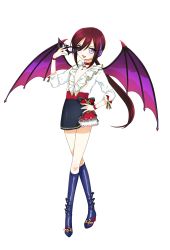 Rule 34 | 00s, absurdres, androgynous, bad id, bad pixiv id, bat (animal), bat wings, blouse, boots, choker, collarbone, fang, frilled shirt, frills, full body, gender request, hair between eyes, hand on own hip, headphones, high heel boots, high heels, highres, jewelry, lady bat, long hair, looking at viewer, mask, mermaid melody pichi pichi pitch, microphone, miniskirt, necklace, no bra, ohisashiburi, open mouth, pointy ears, ponytail, purple eyes, red hair, shirt, simple background, skirt, smile, solo, standing, unworn mask, v-neck, v-shaped eyebrows, very long hair, white background, white shirt, wings