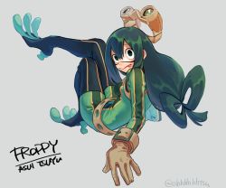 Rule 34 | 1girl, :&gt;, asui tsuyu, beige gloves, boku no hero academia, character name, frog girl, gloves, goggles, goggles on head, green eyes, green hair, grey background, hair between eyes, hair rings, long hair, low-tied long hair, ohhhhhhtsu, simple background, solo, tongue, tongue out, twitter username