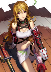 Rule 34 | 1girl, ahoge, blonde hair, boots, breasts, choker, cleavage, dyed ahoge, elbow gloves, gloves, green hair, kurumayama, long hair, md5 mismatch, midriff, milla maxwell, multicolored hair, navel, red eyes, resolution mismatch, sitting, skirt, smile, solo, source smaller, strapless, sword, tales of (series), tales of xillia, tube top, two-tone hair, weapon
