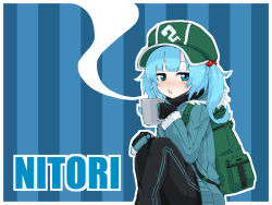 Rule 34 | 1girl, alternate costume, backpack, bag, black gloves, black pants, blue background, blue eyes, blue hair, blue jacket, blunt bangs, character name, commentary request, cup, gloves, green hat, hair bobbles, hair ornament, half-closed eyes, hat, holding, holding cup, jacket, jakomurashi, kawashiro nitori, knees up, long hair, long sleeves, mug, pants, sitting, solo, striped, striped background, touhou
