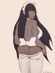 Rule 34 | 1girl, absurdres, ahoge, ass, blue archive, breasts, dark skin, dark-skinned female, highres, karin (blue archive), large breasts, long hair, looking at viewer, pulling own clothes, pulling, ribbon, sideboob, solo, thighhighs
