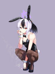 Rule 34 | 1girl, absurdres, animal ears, black bow, black bowtie, black footwear, black hair, black leotard, black pantyhose, blue archive, bow, bowtie, breasts, cigarette, detached collar, etoast, fake animal ears, full body, grey background, halo, hand on own chin, high heels, highres, kayoko (blue archive), leotard, looking at viewer, multicolored hair, pantyhose, playboy bunny, ponytail, rabbit ears, rabbit tail, red eyes, simple background, small breasts, solo, squatting, strapless, strapless leotard, tail, two-tone hair, white hair, wrist cuffs