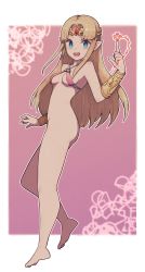 Rule 34 | 1girl, ass, bad id, bad pixiv id, barefoot, bikini, bikini top only, blonde hair, blue eyes, bottomless, bracer, breasts, circlet, cleavage, fire, highres, lamb-oic029, legs, long hair, magic, nintendo, pointy ears, princess zelda, smile, solo, standing, super smash bros., swimsuit, the legend of zelda, the legend of zelda: a link between worlds, triforce