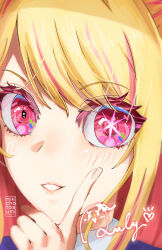 Rule 34 | 1girl, absurdres, blonde hair, blush, character signature, collared shirt, commentary, hair between eyes, highres, hoshino ruby, index finger raised, long hair, looking at viewer, mikicho, mismatched pupils, oshi no ko, parted bangs, parted lips, pink eyes, portrait, school uniform, screentones, shirt, sidelocks, solo, star-shaped pupils, star (symbol), symbol-shaped pupils, watermark, white shirt, youtou high school uniform