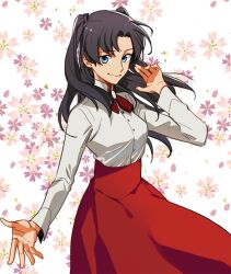 Rule 34 | 1girl, black hair, blue eyes, buttons, closed mouth, cowboy shot, fate/stay night, fate (series), floral background, halorane, high-waist skirt, long hair, long sleeves, looking at viewer, red ribbon, red skirt, ribbon, shirt, skirt, smile, solo, tohsaka rin, twintails, white shirt
