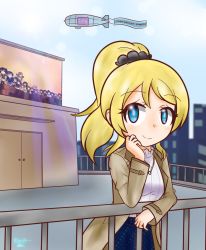 Rule 34 | 1girl, artist request, ayase eli, black pants, black scrunchie, blonde hair, blue eyes, blue sky, blush, brown jacket, chibi, cloud, day, female focus, hair between eyes, hair ornament, hair scrunchie, jacket, jewelry, long hair, long sleeves, looking at viewer, love live!, love live! school idol festival, love live! school idol festival all stars, love live! school idol project, necklace, outdoors, pants, parted lips, ponytail, scrunchie, shirt, sky, smile, solo, striped clothes, striped shirt, vanilla kunikida, vertical-striped clothes, vertical-striped shirt, white shirt
