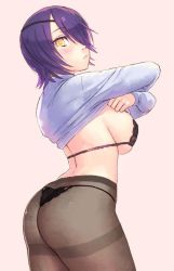 Rule 34 | 10s, 1girl, ass, black bra, black panties, blush, bra, breasts, clothes lift, contrapposto, eyepatch, female focus, gradient background, hair over one eye, jpeg artifacts, kantai collection, large breasts, no pants, panties, panties under pantyhose, pantyhose, purple hair, shirt lift, sideboob, simple background, solo, standing, string panties, tenryuu (kancolle), thighband pantyhose, underwear, undressing, yellow eyes, yuuji (and)