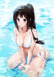 Rule 34 | 1girl, :o, armpit crease, bare arms, bare legs, bare shoulders, barefoot, between legs, bikini, black hair, blush, breasts, chitanda eru, cleavage, commentary request, day, frilled bikini, frills, full body, halterneck, hand between legs, highres, hyouka, large breasts, leaning forward, long hair, looking at viewer, mery (yangmalgage), outdoors, parted lips, ponytail, purple eyes, seiza, shallow water, side-tie bikini bottom, sidelocks, sitting, sitting on water, solo, swimsuit, water, wet, white bikini