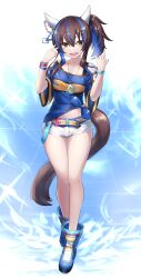 Rule 34 | 1girl, absurdres, animal ears, blue hair, breasts, colored inner hair, daitaku helios (umamusume), fang, fingernails, full body, highres, horse ears, horse girl, horse tail, jewelry, legs, looking at viewer, medium breasts, medium hair, multicolored hair, navel, necklace, open mouth, saikuu, shorts, solo, standing, streaked hair, tail, two-tone hair, umamusume, v, yellow eyes