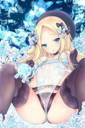 Rule 34 | 1girl, abigail williams (animejapan 2018) (fate), abigail williams (fate), artoria pendragon (fate), artoria pendragon (lancer alter) (fate), artoria pendragon (lancer alter) (fate) (cosplay), artoria pendragon (lancer alter) (royal icing) (fate), artoria pendragon (lancer alter) (royal icing) (fate) (cosplay), bare shoulders, black bow, black choker, black gloves, black hat, black panties, black thighhighs, blonde hair, blue bow, blue eyes, blue flower, blue rose, bow, breasts, chiyami, choker, commentary request, cosplay, covered erect nipples, crystal, fate/grand order, fate (series), flower, forehead, gloves, hair bow, hands up, hat, head tilt, highres, long hair, looking at viewer, lying, navel, official alternate costume, on back, panties, parted lips, partially visible vulva, polka dot, polka dot bow, rose, see-through, small breasts, solo, spread legs, stuffed animal, stuffed toy, teddy bear, thighhighs, underwear, very long hair