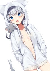 Rule 34 | 1girl, animal, animal hood, animal on shoulder, bad id, bad pixiv id, blue eyes, blunt bangs, blush, breasts, cat, cat on shoulder, commentary request, dutch angle, fang, hands in pockets, highres, hood, hoodie, long hair, looking at viewer, mafuyu (chibi21), medium breasts, navel, no bra, open mouth, original, silver hair, simple background, solo, standing, unzipped