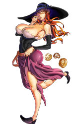 Rule 34 | 1girl, bare shoulders, breasts, cleavage, dessert, detached sleeves, dragon&#039;s crown, food, hat, large breasts, long hair, red eyes, red hair, simple background, solo, sorceress (dragon&#039;s crown), thighs, white background, witch hat, zunta