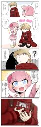 Rule 34 | 1boy, 1girl, 4koma, :d, ?, aged down, alternate costume, ando ruruka, black pants, blonde hair, blush, closed eyes, comic, danganronpa (series), danganronpa 3 (anime), food-themed hair ornament, green eyes, hair ornament, heart attack, izayoi sounosuke, jacket, looking at another, miniskirt, open mouth, pants, pink hair, pleated skirt, red jacket, shimada (dmisx), shoes, short hair, skirt, smile, speech bubble, strawberry hair ornament, thighhighs, translation request, white thighhighs