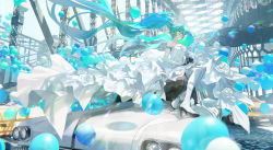 Rule 34 | 1girl, balloon, bare shoulders, blue eyes, blue hair, boots, bouquet, car, closed mouth, dress, elbow gloves, flower, gloves, hatsune miku, highres, jewelry, long hair, motor vehicle, necklace, pearl necklace, perspective, sitting on car, smile, strapless, strapless dress, thigh boots, thighhighs, ttk (kirinottk), twintails, vocaloid, white dress, white gloves, white thighhighs