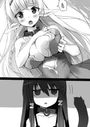 Rule 34 | 10s, 2girls, blush, breast envy, breast hold, breasts squeezed together, breasts, cleavage, elf, greyscale, huge breasts, isekai maou to shoukan shoujo no dorei majutsu, long hair, monochrome, motion lines, multiple girls, novel illustration, official art, open mouth, pointy ears, rem galleu, revealing clothes, shaded face, shera l. greenwood, spoken sweatdrop, sweatdrop, tsurusaki takahiro