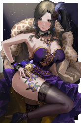 Rule 34 | 1girl, absurdres, bare shoulders, black thighhighs, breasts, brown hair, cleavage, detached collar, dress, earrings, feather boa, feather hair ornament, feathers, flower, hair ornament, high heels, highres, idol, idolmaster, idolmaster cinderella girls, jewelry, large breasts, leg tattoo, mukai takumi, necklace, purple dress, ro torobo, side ponytail, sidelocks, solo, strapless, strapless dress, tattoo, thighhighs, thighs, wrist cuffs, yellow eyes