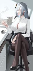 Rule 34 | 1girl, absurdres, alternate costume, ashtray, black skirt, blue eyes, bra, bra peek, braid, breasts, brown pantyhose, button gap, chair, cigarette, cleavage, collared shirt, desk, earrings, foot out of frame, genshin impact, grey hair, hair ornament, hair over one eye, hand up, high heels, highres, holding, holding cigarette, indoors, jewelry, large breasts, leavv, long sleeves, low-braided long hair, low-tied long hair, office chair, office lady, pantyhose, paper stack, parted lips, pencil skirt, shenhe (genshin impact), shirt, shirt tucked in, sitting, skirt, smoking, solo, swivel chair, tassel, tassel earrings, underwear, white shirt